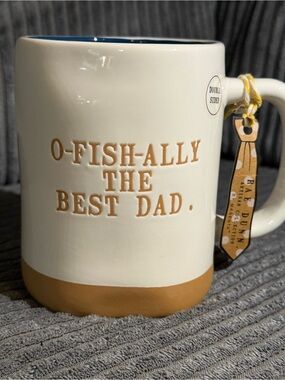 Rae Dunn White and Tan "O-FISH-ALLY THE BEST DAD" Ceramic Double-sided Mug